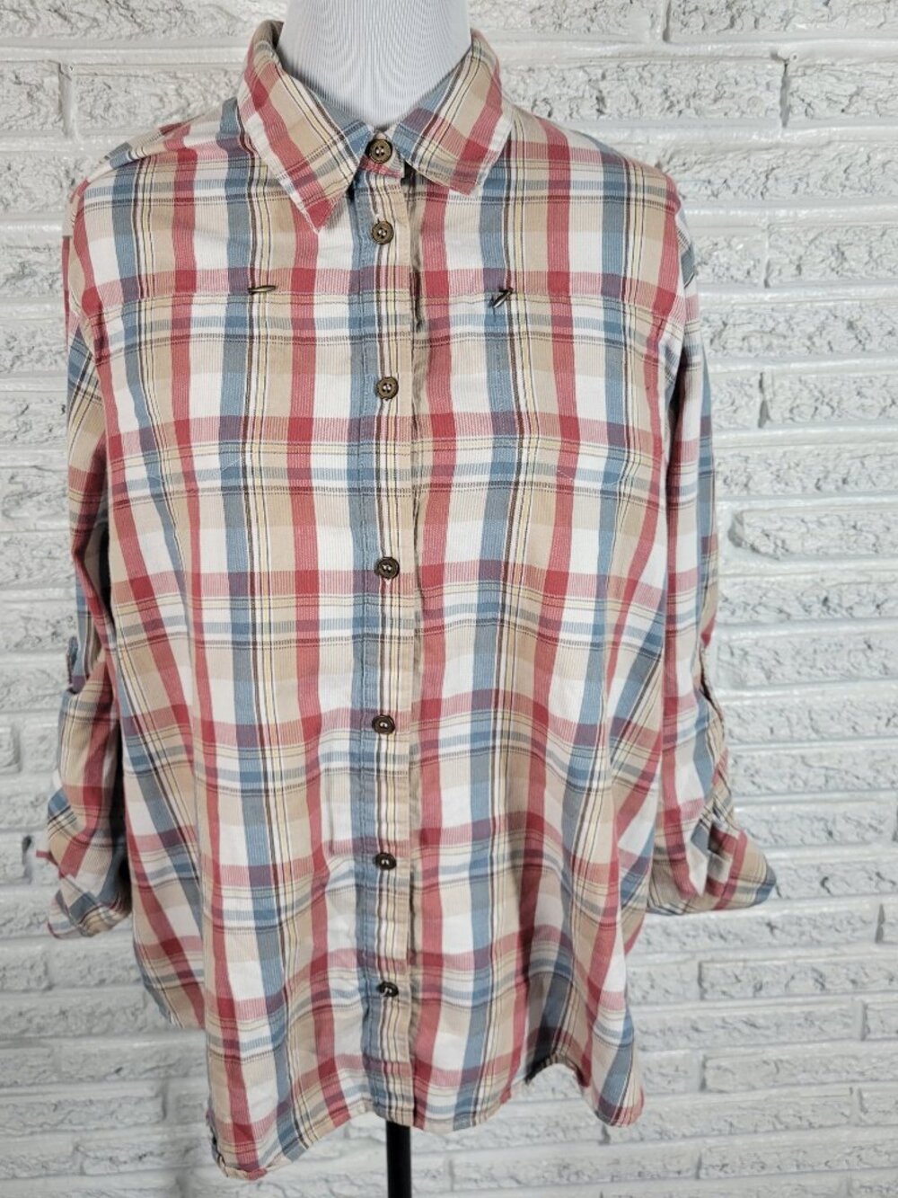 Alfred Dunner Womens Top 20W Plus Plaid Red Blue Tan Roll Tab Sleeve Zip PLA46E